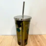 New 2014 Starbucks Stainless Steel Geometric Puzzle Tumbler Straw 16oz