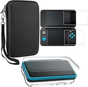 AFUNTA Protective Cases Compatible New 2DS XL with Screen Protectors, 1 Crystal Clear Case and 1 EVA Carrying Case for Console, with 2 Pcs Anti-Scratch Tempered Glass Films for Screens