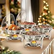 Warmounts 5QT Chafing Dish Buffet Set 4 Pack, Round Chafing Dishes for Buffet with Glass Lid & Lid Holder, Serving Utensils, Stainless Steel Chafers for Catering for Dinner, Parties, Wedding, Camping