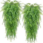 CLONG 2 pcs Artificial Hanging Ferns Plants Vine Fake Ivy Boston Outdoor UV Resistant Plastic Plants (Green)