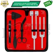5 Silver & Black Diagnostic Kit Taylor Hammer, Penlight, Scissor & Tuning Forks