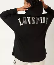 Victoria's Secret Pink Bling Varsity Hoodie Tee Shirt Black Silver Gold L