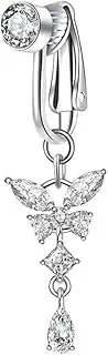 [Niaspi] Butterfly Fake Belly Button Rings for Women Girls Stainless Steel Dangle Non-Piercing Fake Belly Piercing Clip On Cubic Zirconia Navel Rings Dainty Body Jewelry, Stainless Steel, cubic zirconia