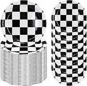 50 Pcs Checkered Paper Plates 7 Inch Black and White Checkered Dessert Plates Disposable Dinner Plates for Racing Theme Party Birthday Baby Shower Decoration Race Car Paper Plates