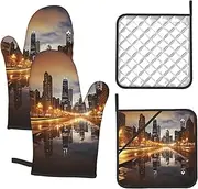 4 pcs Oven Mitts and Pot Holders Set 500°F Heat Resistant Oven Gloves and Hot Pads Kitchen Mittens Chicago Cooking Gloves Potholders for Baking Grilling