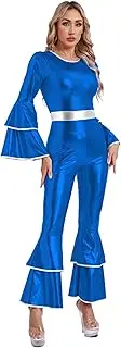 Miutii 70s Disco Costume for Women Shiny Metallic Jumpsuit One Piece Romper Flare Sleeve Retro Hippie Outfits