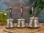 Set 3 Copper Turkish Greek Coffee Maker Pot, Cezve Briki, Stovetop Copper Maker