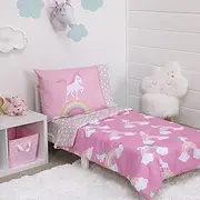 Everything Kids Rainbow Unicorn Pink, White and Rainbows 4 Piece Toddler Bed Set - Comforter, Fitted Bottom Sheet, Flat Top Sheet and Reversible Pillowcase, Full (4761416P)