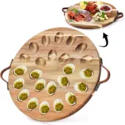 Acacia Wood Deviled Egg Platter, 24-Hole round Tray, Reversible Serving Board