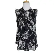 NWT White House Black Market Chiffon Blouse Sz 2 V-Neck Black Floral Tie Ruffle