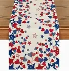 Table Runner 13x72in Woven Polyester Off White w/ Hearts & Stars Patriotic