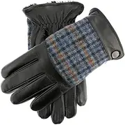 [Dents] Men's Devon Faux Fur Lined Abraham Moon Dogtooth Leather Gloves, Black/Airforce Grey, Large