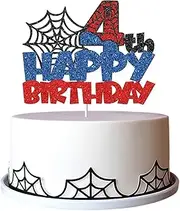 Confetti! Superhero Happy 4th Birthday Number Cake Topper, MultiLayer Glitter Cake Decoration Superhero Happy 4th Birthday Cake Decor Boys Kids Super hero web Party Decorations