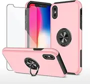 Asuwish Compatible with iPhone Xs Max Case and Tempered Glass Screen Protector Cover Slim Magnetic Ring Holder Cell Accessories Phone Cases for i X XR Xsmax 10x SX Xmax 10xs 10s 10 Plus Xmaxs RoseGold