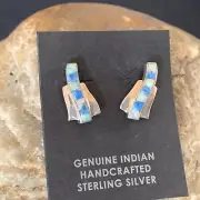 Women Blue Denim Lapis & White Opal Navajo Sterling Silver Inlay Earrings 128900