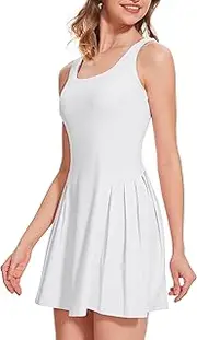 [M MOTEEPI] Women Tennis Dresses Sleeveless U Neck Golf Dress Side Pleat Workout Dress with Built in Shorts and Bra