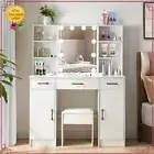 Dressing Table with Mirror Stool Vanity Desk with 10 LED Bulbs and Drawers White
