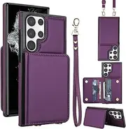 SLLMYYX for Samsung Galaxy S22 Ultra Case with RFID Blocking Card Holder Crossbody Lanyard Strap Leather Wallet Case with Magnetic Clasp Protective Cover for Galaxy S22 Ultra, Deep Purple