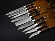 Custom Handmade Damascus Steel Fixed Blade 9-Piece Gift Kitchen Chef Set Knife
