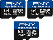 PNY 64GB PRO Elite™ High Endurance C10 U3 V30 A2 microSDXC Flash Memory Card – Up to 100MB/s Read, 4K UHD, Full HD, UHS-I, Surveillance, Home Security, Continuous Recording, Dash Cam, 3-Pack