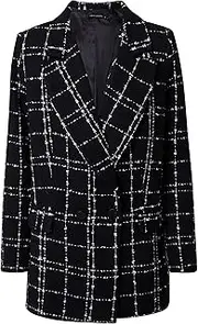 Trendyol Women's Regular Double Breasted Plaid Woven Blazer Coat, Black