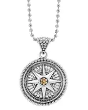 Lagos 18K Gold and Sterling Silver Signature Caviar Compass Pendant Ball Chain Necklace, 34