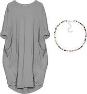 [aromm] Women T Shirt Dress Crew Neck Loose Plain Casual Plus Size Midi Dress with Pockets