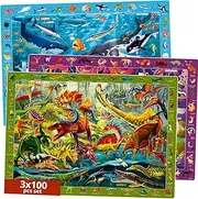 QUOKKA 100 Pieces Floor Puzzles for Kids Ages 4-6 – 3 Jigsaw Kids Puzzles Ages 6-8 – Search & Find Learning Game for Toddlers 3-5 Ocean Wild Animals & Dinosaurs - Gift Games for Children 8-10
