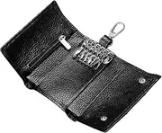 JABNOW Leather Key Case for Men and Women, Tri-Fold Multifunctional Key Bag, Wallet with 3 Separate Compartments and 6 Key Hooks, Small Key Case (Black), black, One size