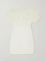 [16ARLINGTON] 16ARLINGTON - Ava Off-the-shoulder Feather-trimmed Crepe Mini Dress - Ivory - UK 8 UK 8 Ivory