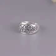 Rings Jewelry Pure Silver Ring S990 Retro Female Thai Silver Matte Fashion Temperament Peony Adjustable Split Ring Ring, Ring