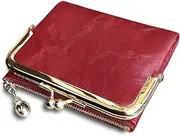 [Pofee] Womens Wallet Rfid Small Compact Bifold Leather Vintage Wallet,Ladies Coin Purse With Zipper and Kiss Lock, Red, Small