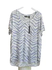 TAHARI Blue White 100% Linen V-Neck Short Sleeve Hi-Low Hem Tunic Top Sz 2X NWT