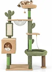 Costway 150cm Cactus Cat Tree for Indoor Cats, Multi-Level Cat Tower w/Sisal Scratching Posts & Board, Condo, Plush Perch, Self-Groomer, Hanging Toy, Sisal Rope, Large Kitty Activity Center