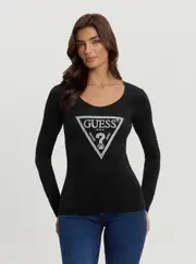 GUESS Women's Black Logo Shiny Logo T-Shirt Size: Large, Spandex
