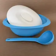 Tupperware Essentials Bowl Set 7.5 Cup Soup Server + Spoon Blue White #6941