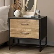[OIKITURE] Bedside Table with 2 Drawers and Metal Base Bed Side Table Storage Cabinet Nightstand