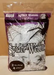 Halloween Spider Webbing With 4 Spiders 2 oz Rope Like Coil NIB 270Y