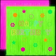 Tingjoo Glow in The Dark Party Supplies 2 Neon Tinsel Foil Fringe Curtains with 24 Luminous Sequins 6.6 x 3.3 ft Yellow Fuchsia Photo Prop Backdrop Streamer for Neon Party Birthday Decoration