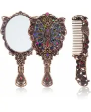 Vintage Foldable Mirror Comb Set Metal Handheld Copper Make Up Round Mirror Comb