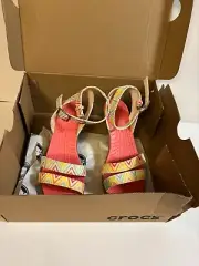 Crocs 15313 Leigh Strappy Graphic Canvas Wedge Sandals 9 Multicolor 3" Heel