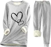 [KEGIRLOM] Women Sherpa Fleece Lined Sweatsuit Set Thicken Heart Print Crewneck Winter Loungewear Comfy 2 Piece Outfit Tracksuit, A01-gray, 3XL, A01-gray, 3XL