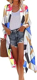 [Hibluco] Women's Sheer Chiffon Floral Kimono Cardigan Long Blouse Loose Tops Outwear