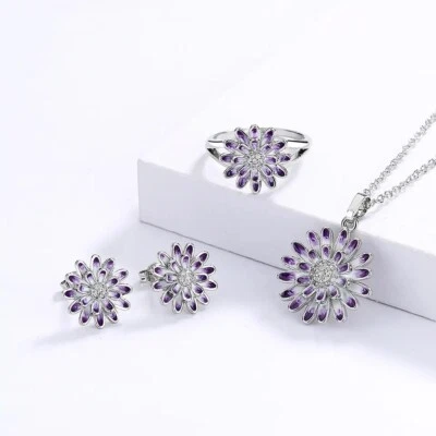 925 Silver Women's Zircon Enamel Earrings Necklace Ring Wedding Party Jewelry