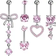 [OIDEA] Belly Button Rings for Women: 5PCS 14G Cute Pink CZ Rhinestone Heart Shape Surgical Steel Hanging Dangle Curved Navel Rings Belly Button Body Piercing Jewelry Set