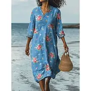 Women's Midi Dress Sundress A Line Dress Vacation Casual Going out Floral Graphic Long Sleeve V Neck Red Blue Green Summer Spring