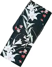 [Modern Sakura] Women's Authentic Traditional Japanese Yukata, aka Casual Kimono, Pink Lilies in Black, Black, One Size