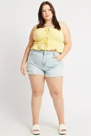Yellow Cami Top Sleeveless Ruched Tie Front Linen Blend