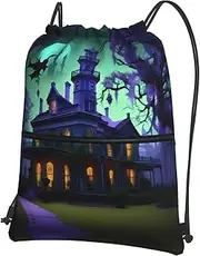 EdWal Black Haunted Mansions Print Drawstring Backpack Gym Bags Sports Bags With Zipper Pocket For Travel Swimming Beach, Black, One Size