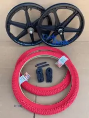 20" Bicycle Plastic Black Mag Wheels, Red Wall Tires Set GT Dyno Old School Rims